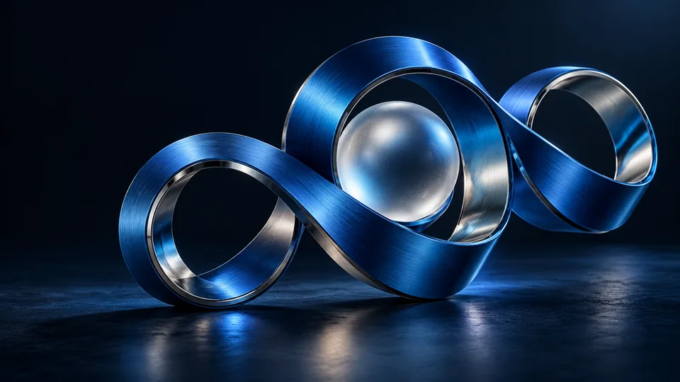 Eine blaue Endlosschleife aus Metall umschließt eine Glaskugel – ein Sinnbild für verbundene Systeme. KI-generierte Illustration.